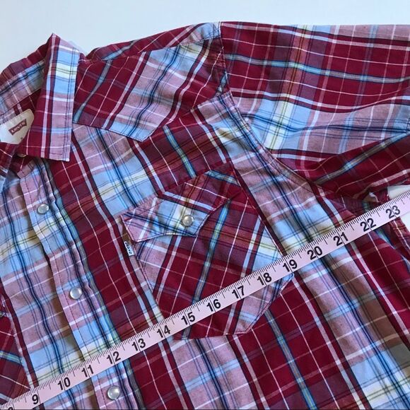 Levi’s Pearl Snap Plaid Short Sleeve Western Rodeo Shirt Red Blue Sz XL - Picture 8 of 11